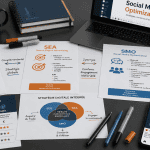 SMO définition, bureau avec infographies et réseaux sociaux