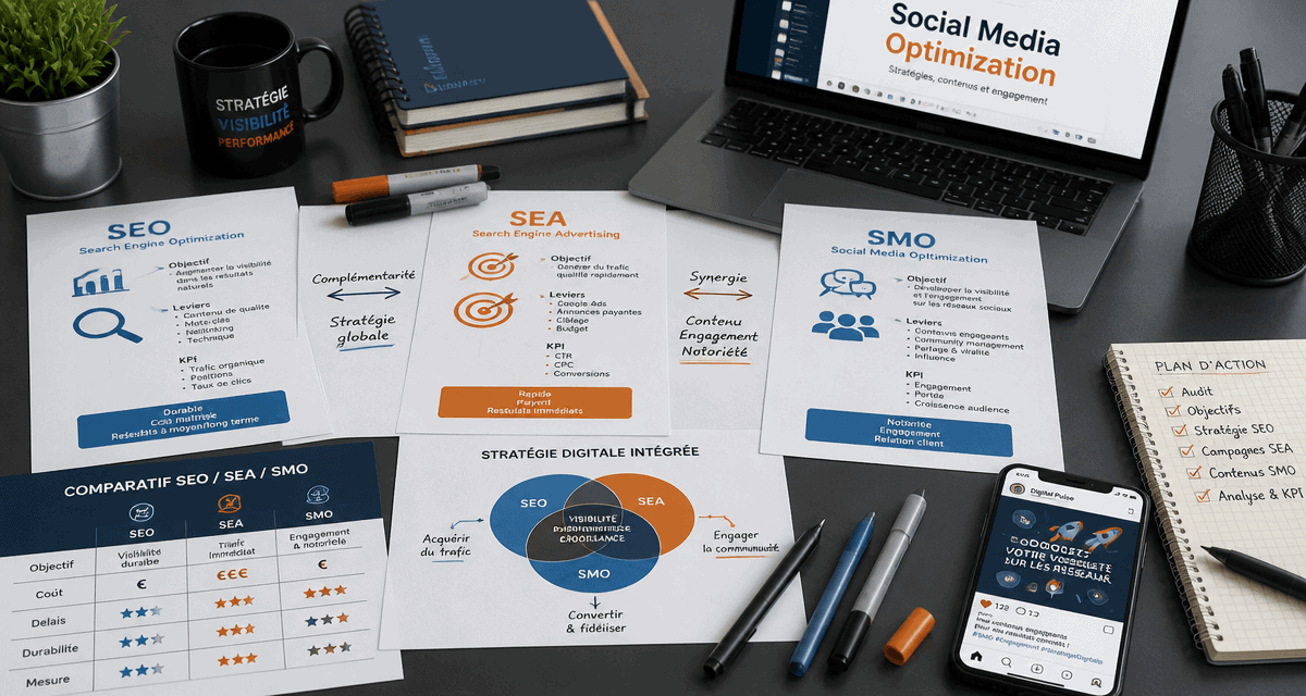 SMO définition, bureau avec infographies et réseaux sociaux