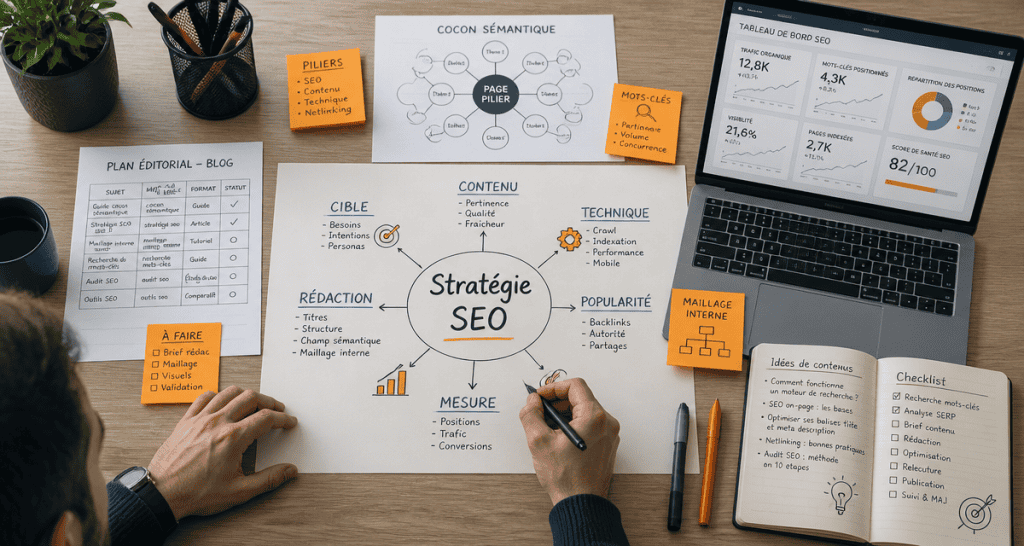 stratégie éditoriale pour le seo sur bureau avec plans et schémas