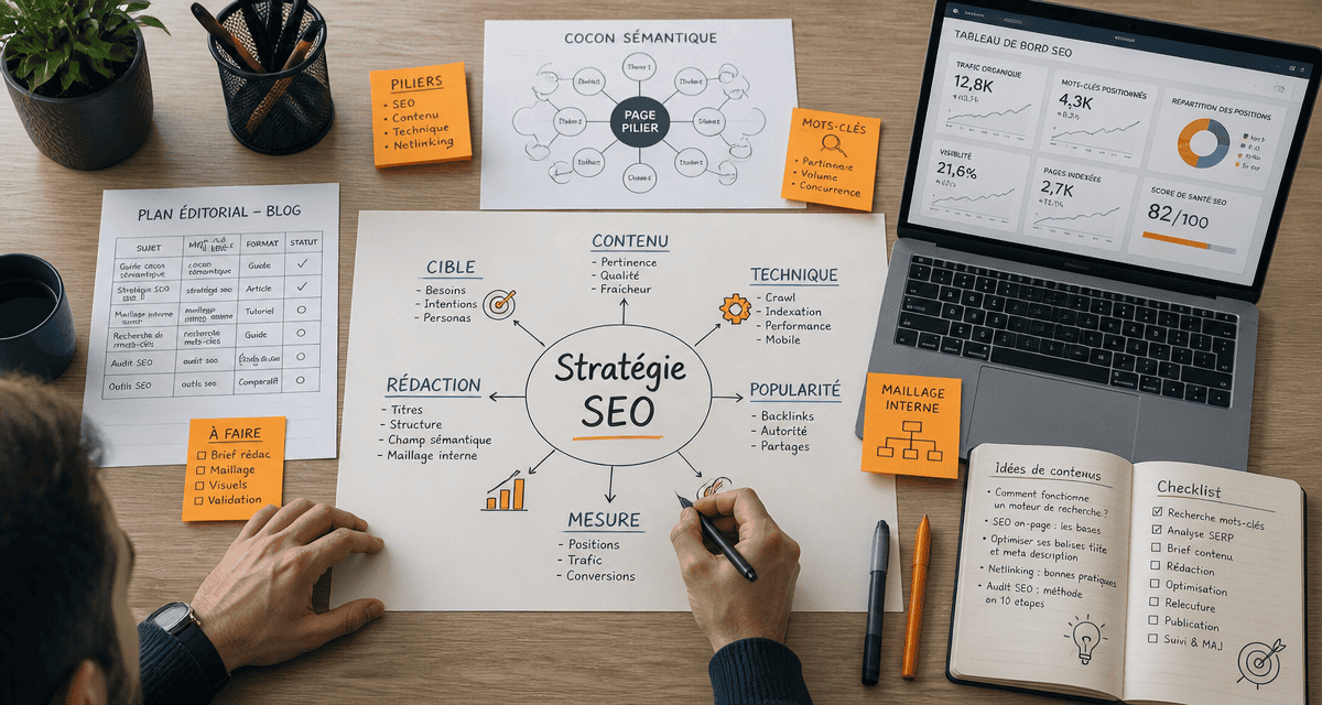 stratégie éditoriale pour le seo sur bureau avec plans et schémas