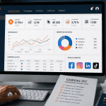 Interface campagne social ads sur écran avec KPI et réseaux sociaux