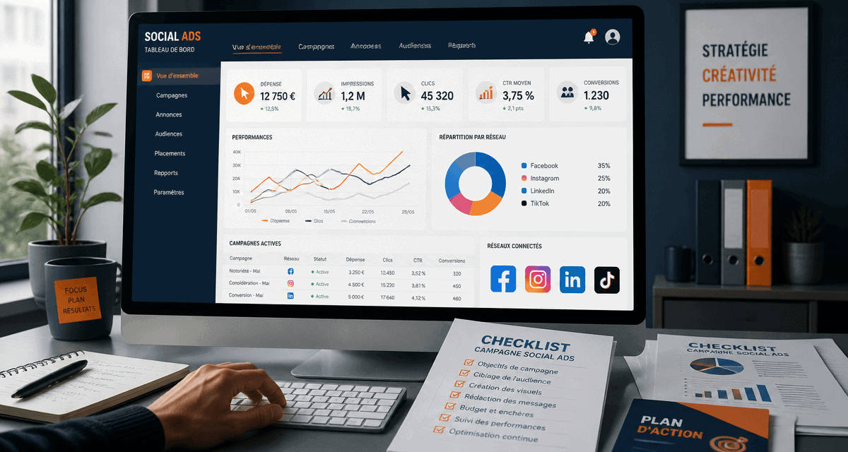 Interface campagne social ads sur écran avec KPI et réseaux sociaux