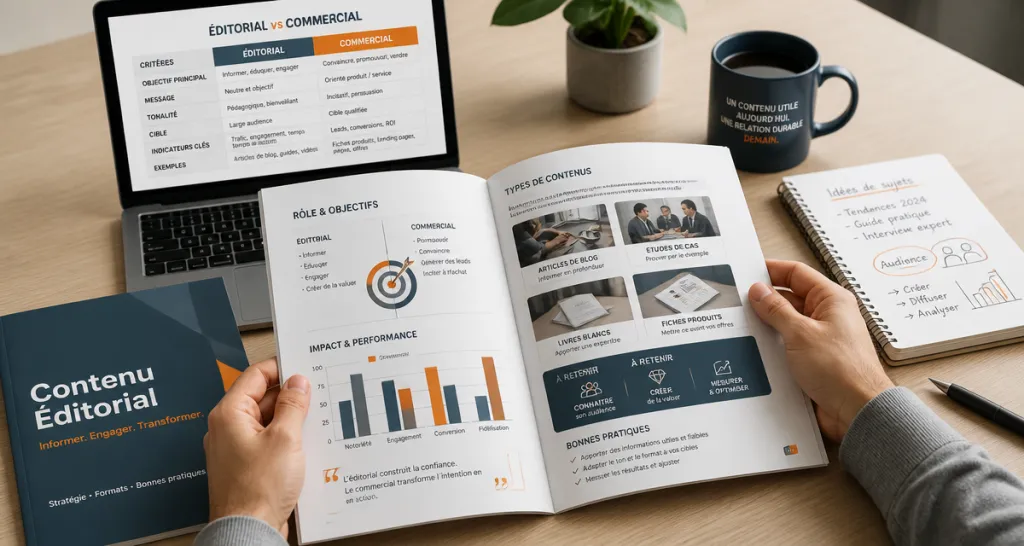 bureau avec dossier contenus éditoriaux et comparatif