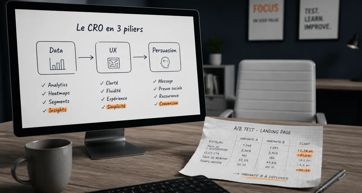 cro marketing : bureau avec schéma CRO et A/B test