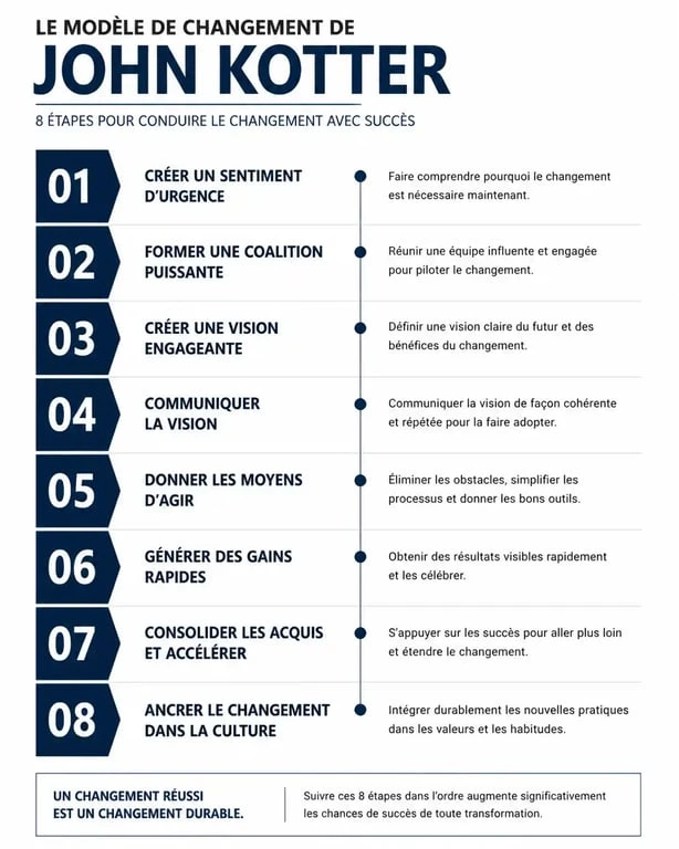Infographie des 8 étapes du modèle de Kotter pour la conduite du changement en entreprise
