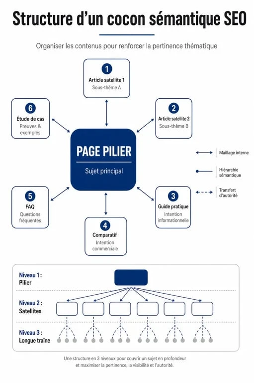 Schéma explicatif d'une stratégie de contenu SEO en cocon sémantique