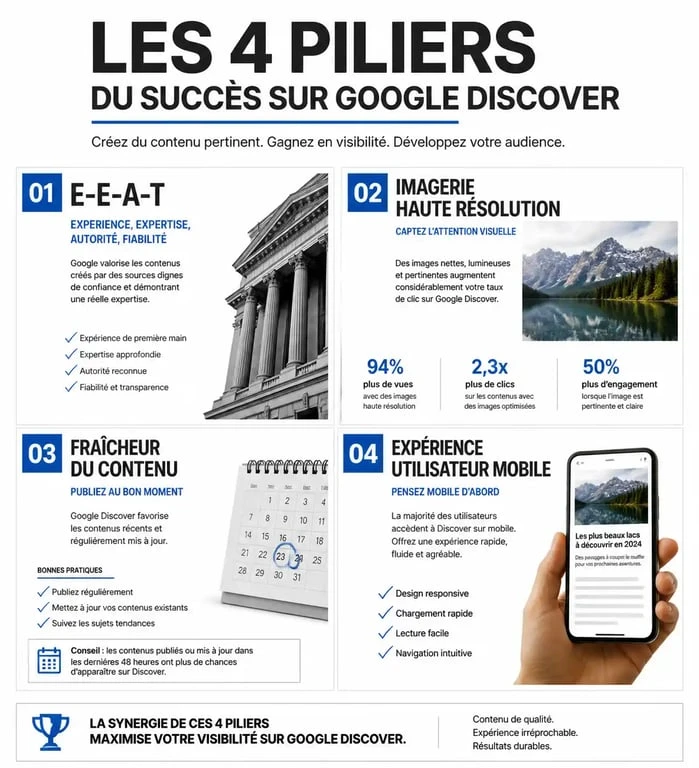 Infographie des piliers pour réussir sa formation Google Discover et optimiser son trafic