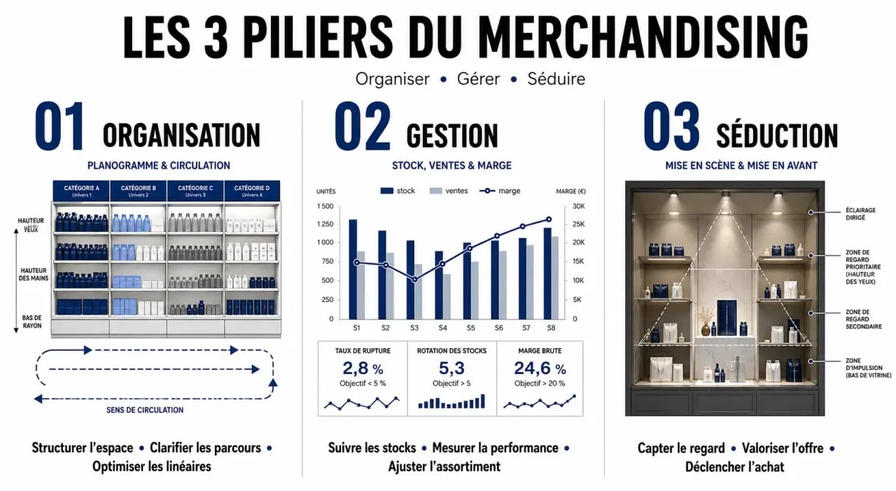 Infographie des trois piliers du merchandising : organisation, gestion et séduction pour une stratégie efficace
