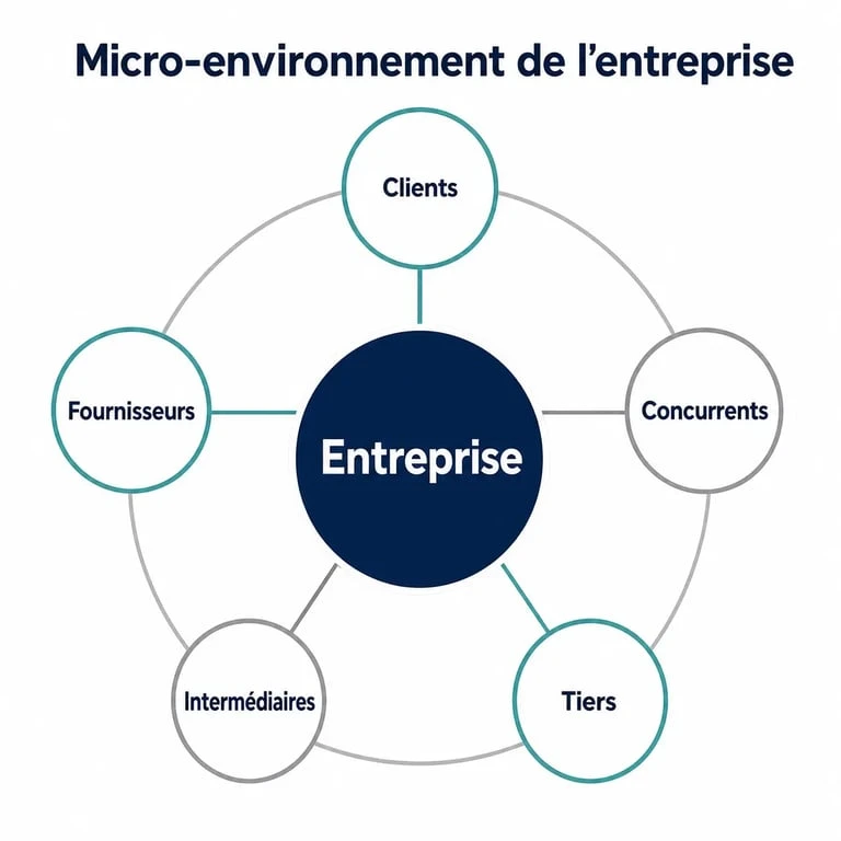 Schéma illustrant les acteurs du micro-environnement d'une entreprise : clients, fournisseurs, concurrents, intermédiaires et tiers.