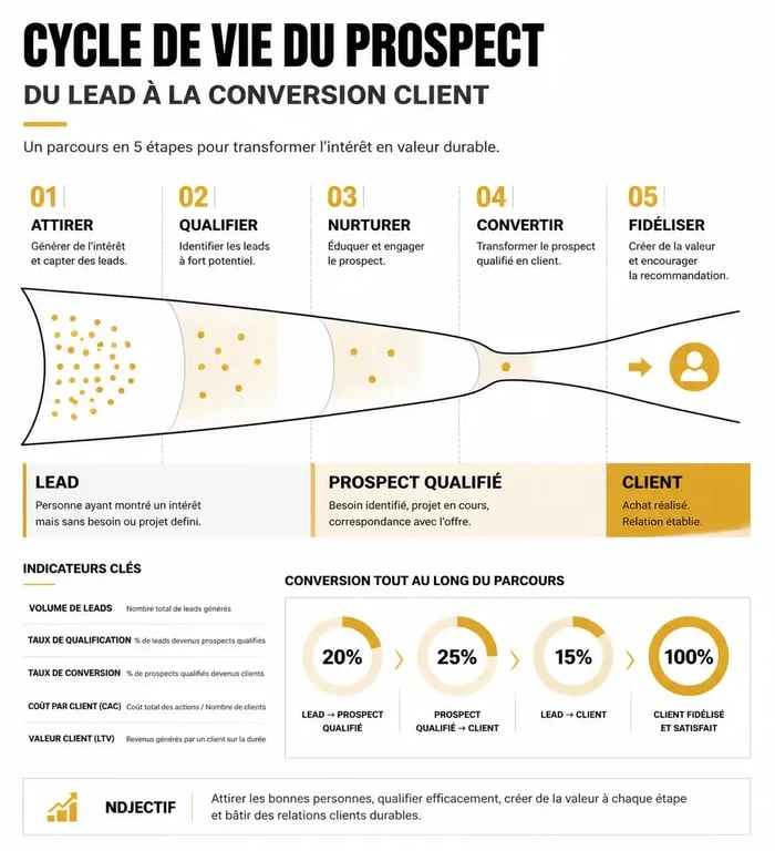Schéma du cycle de vie du prospect : de la génération du lead à la conversion en client pour comprendre qu est ce qu un prospect