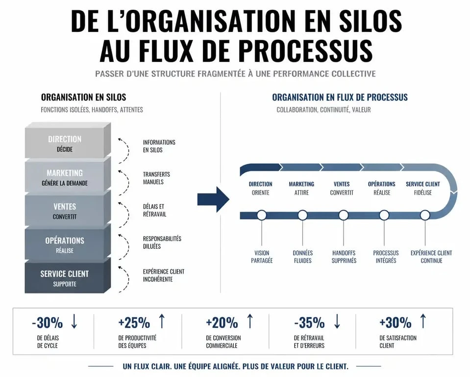 Schéma comparatif entre l'organisation en silos et l'approche par processus pour la gestion de la qualité