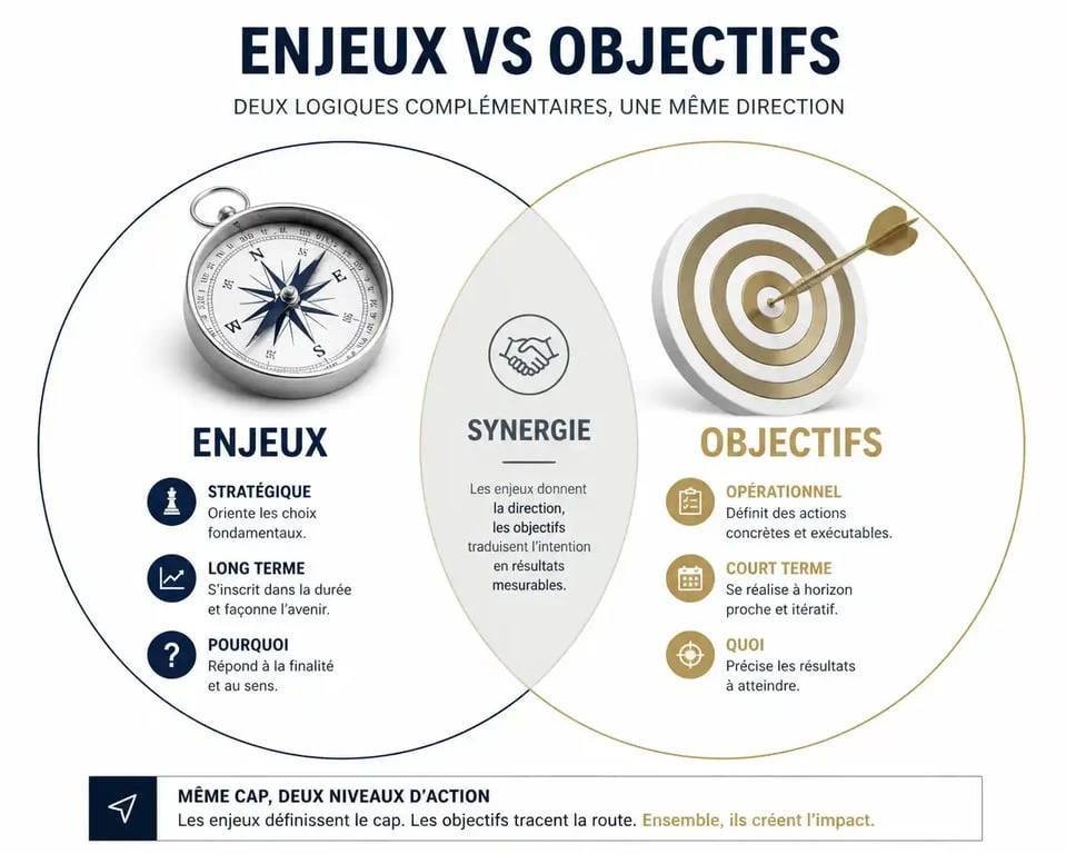 Infographie comparative illustrant la différence entre enjeux et objectifs en gestion de projet