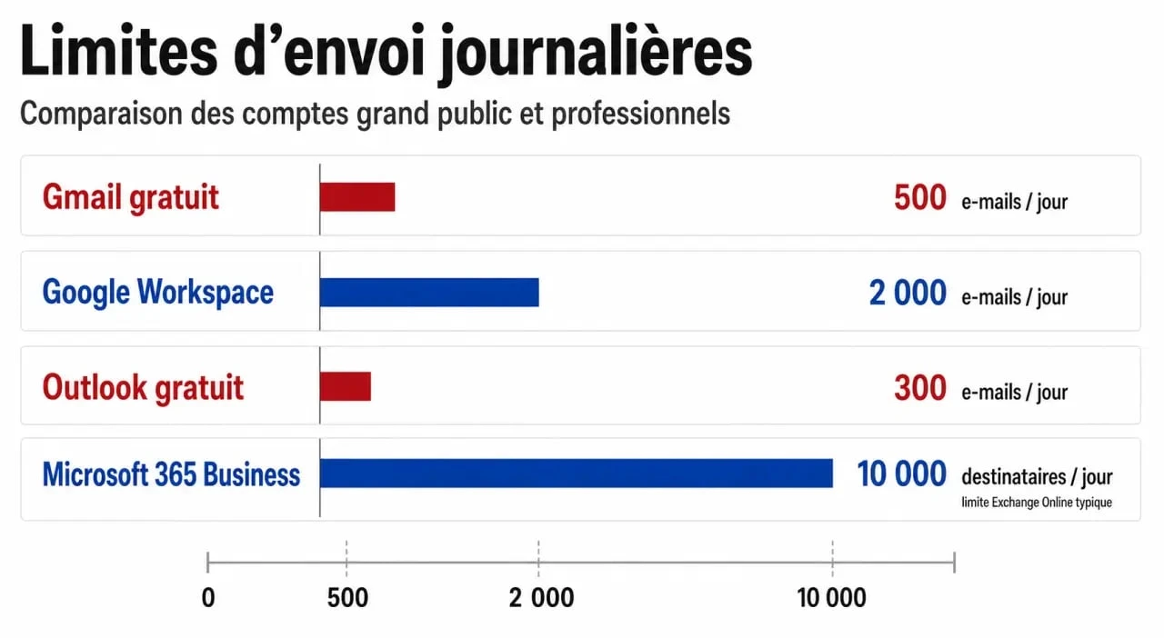 Infographie comparative des limites d'envoi pour les outils de mails groupés