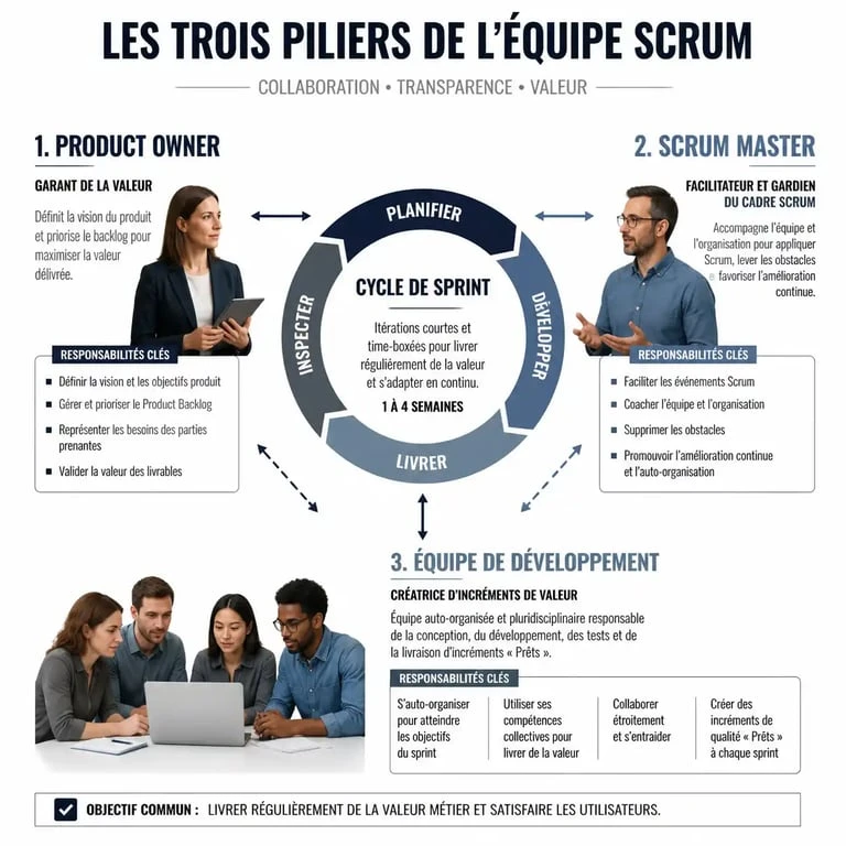 Schéma illustrant la composition et les interactions au sein d'une équipe Scrum