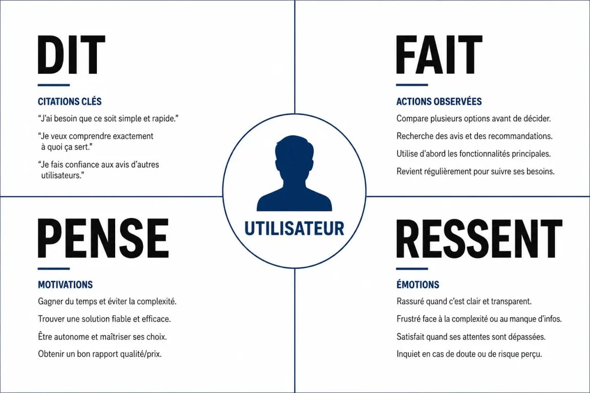 Modèle de carte d'empathie (empathy mapping) avec les quatre quadrants : dit, fait, pense, ressent.