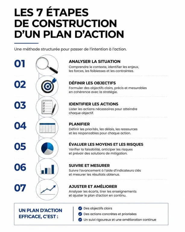 Infographie des 7 étapes pour construire un plan d'action efficace