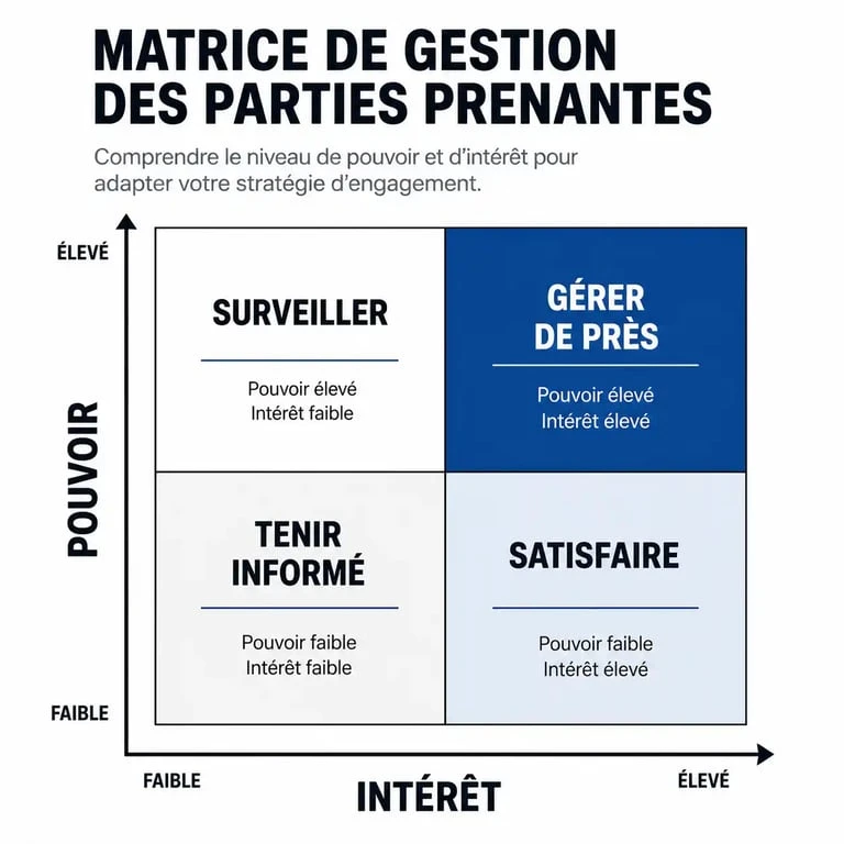Matrice de cartographie des parties prenantes internes et externes selon leur pouvoir et leur intérêt
