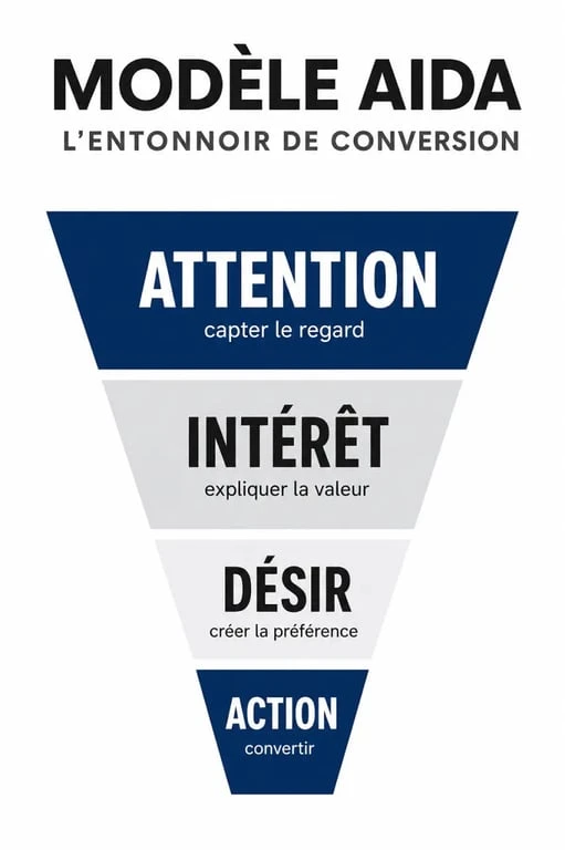 Infographie du modèle AIDA expliquant les étapes de la méthode AIDA pour le marketing