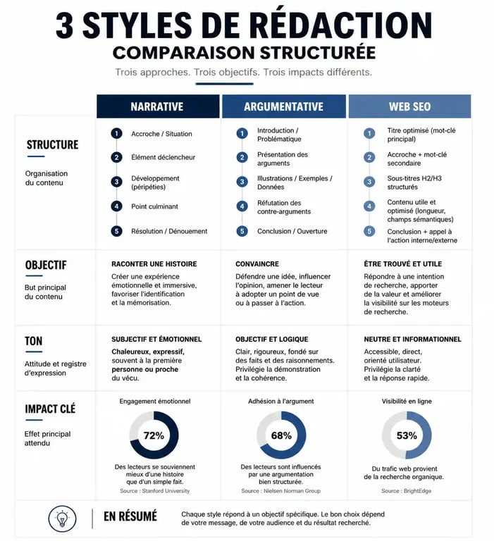 Infographie comparative des styles de rédaction : narrative, argumentative et web SEO pour améliorer votre rédaction exemple