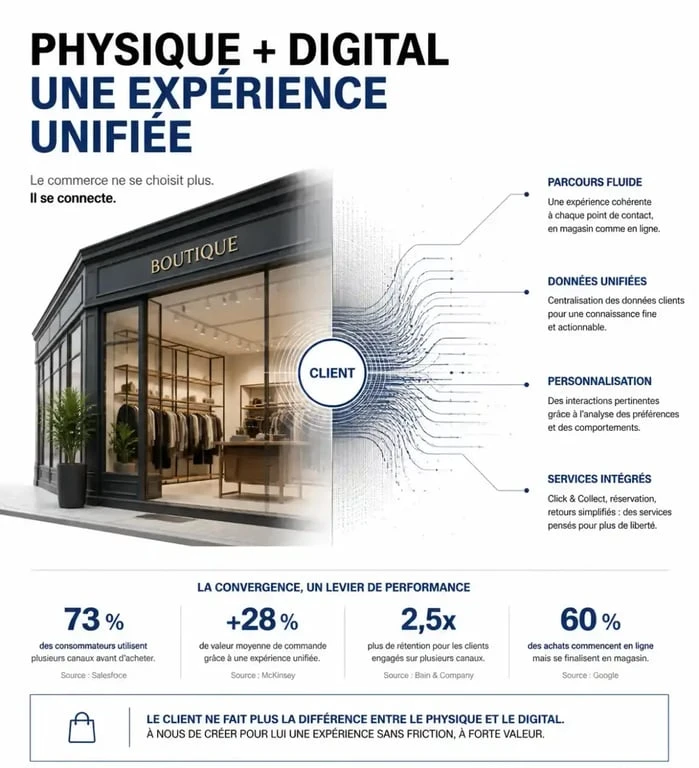 Infographie illustrant la définition du phygital et la fusion entre commerce physique et digital
