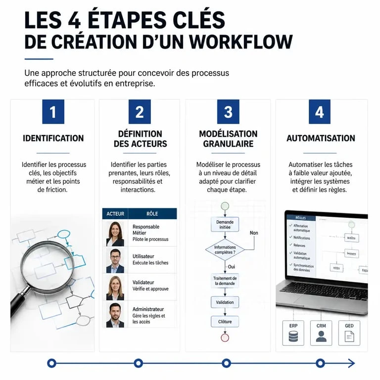 Schéma des 4 étapes pour créer un workflow exemple efficace en entreprise