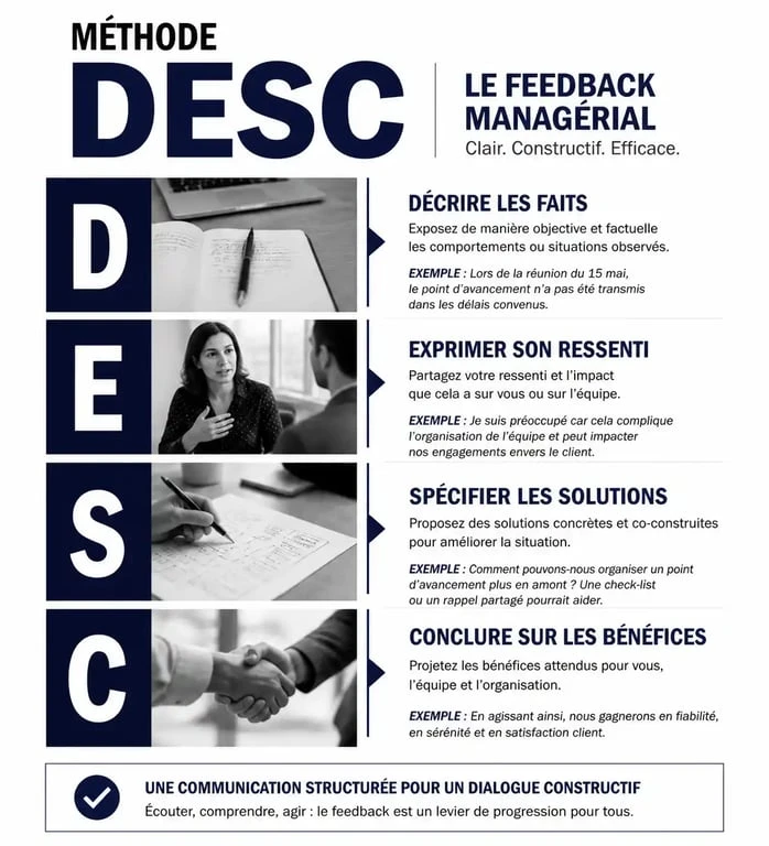 Infographie expliquant la méthode DESC pour réussir un entretien managérial et donner un feedback constructif