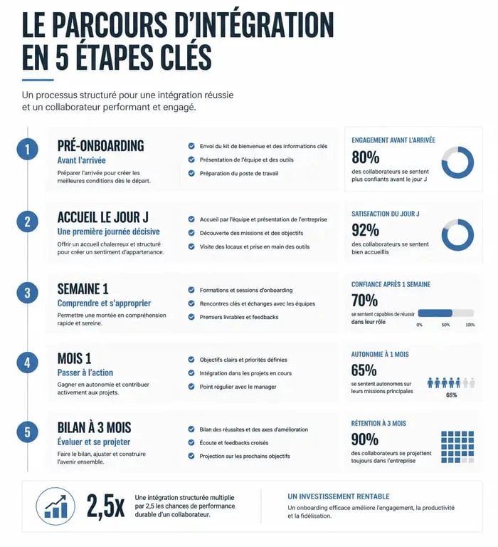 Infographie des étapes clés d'un onboarding exemple en entreprise pour une intégration réussie