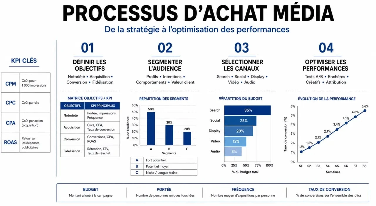 Infographie du processus d'achat média et media purchase