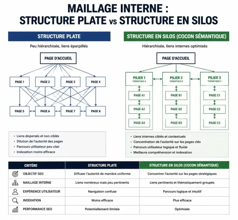 Schéma illustrant la stratégie de maillage interne en cocon sémantique pour le SEO