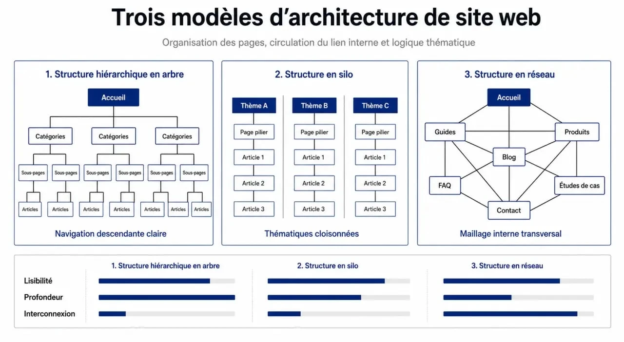 Schéma illustrant les trois types de structure de site web : hiérarchique, silo et réseau pour le SEO