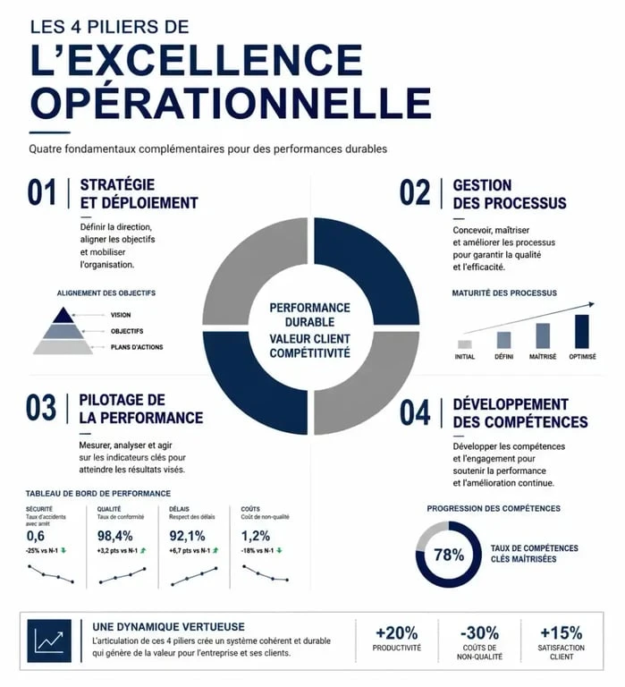 Infographie des 4 piliers de l'excellence opérationnelle pour la performance en entreprise
