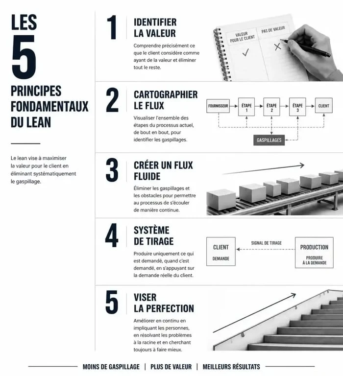 Infographie des 5 principes du processus lean pour l'amélioration continue