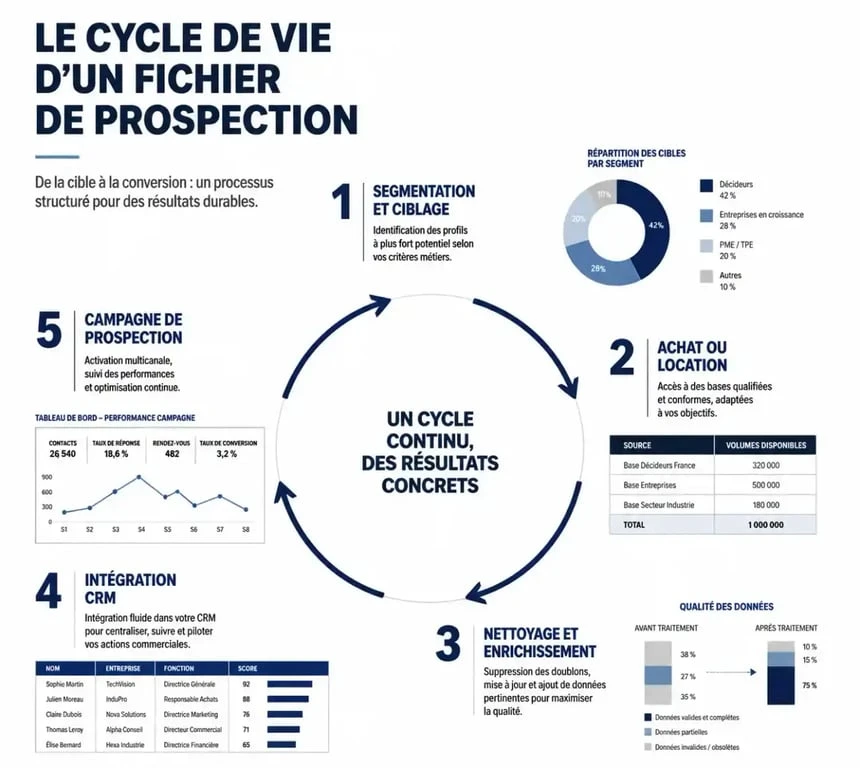 Schéma des étapes clés pour réussir son achat de fichier de prospection et optimiser ses campagnes marketing
