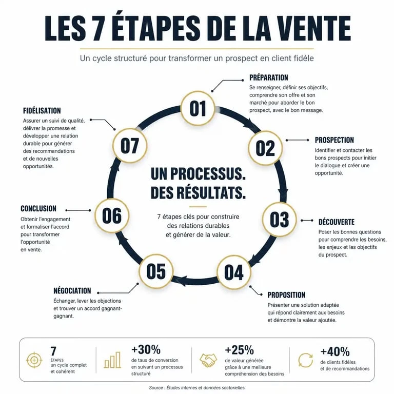 Schéma des 7 étapes de la vente pour une stratégie commerciale efficace