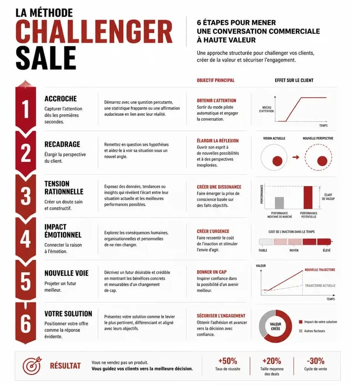 Infographie des 6 étapes de la méthode Challenger Sale pour les commerciaux B2B