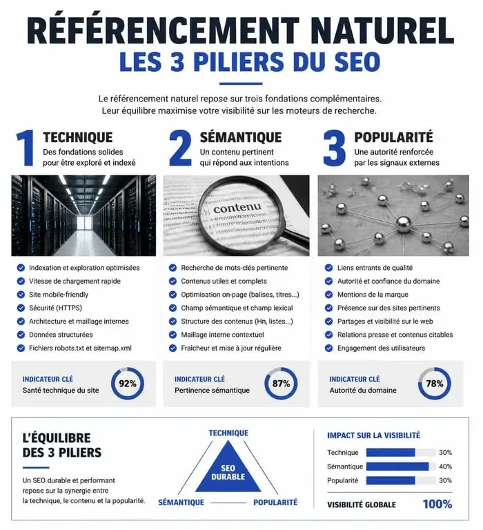 Infographie des trois piliers du SEO pour une agence SEO Pessac : Technique, Sémantique et Popularité