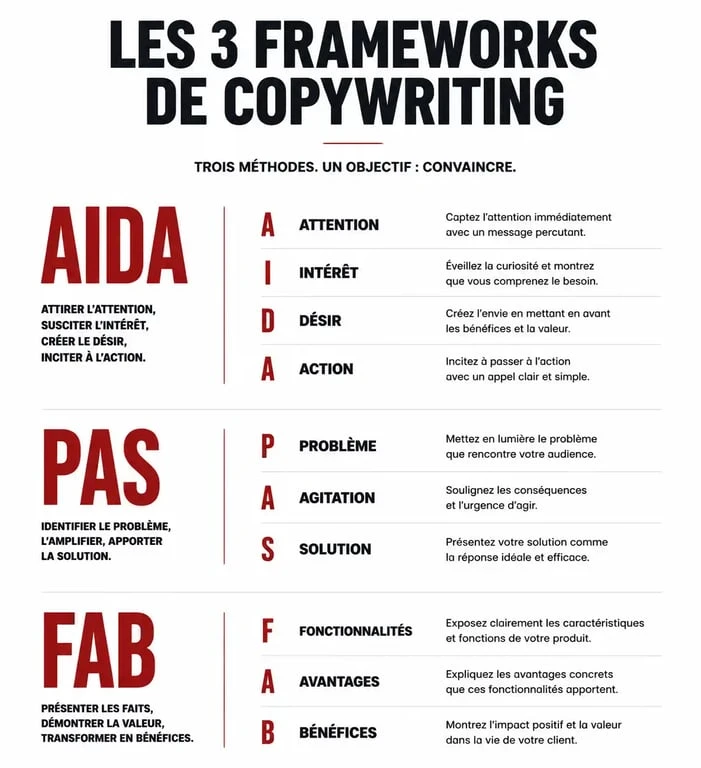 Infographie des frameworks de copywriting AIDA, PAS et FAB pour améliorer vos textes marketing