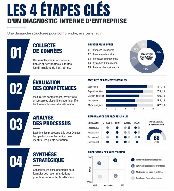 Schéma des étapes de réalisation d'un diagnostic interne d'entreprise pour une analyse stratégique efficace