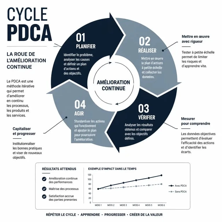 Schéma du cycle PDCA illustrant la démarche qualité et l'amélioration continue en entreprise