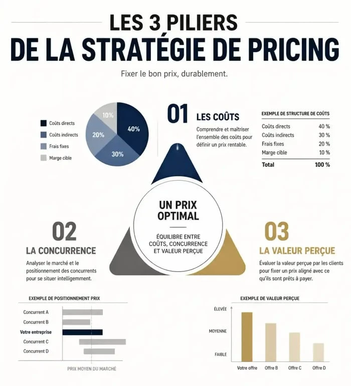 Infographie des trois piliers de la stratégie de pricing : coûts, concurrence et valeur perçue pour une définition du pricing efficace.