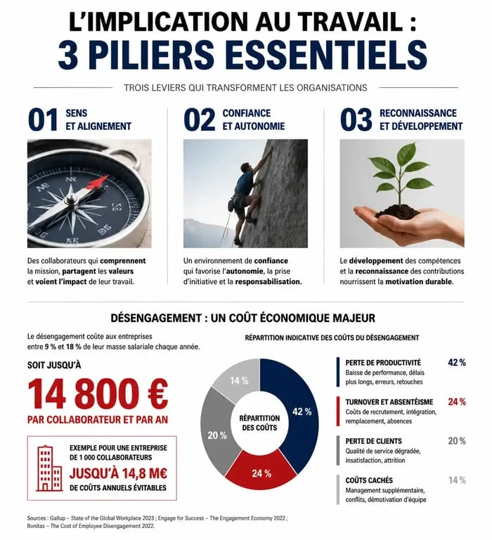 Infographie sur les facteurs et les impacts de l'implication au travail en entreprise