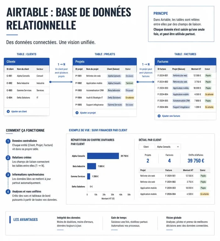 Schéma explicatif d'une base de données relationnelle pour une formation Airtable