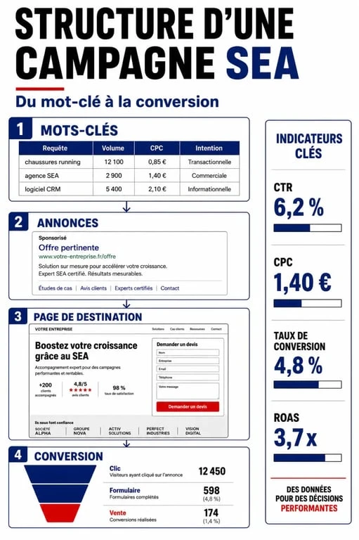 Schéma explicatif du fonctionnement d'une campagne SEA pour une formation en référencement payant