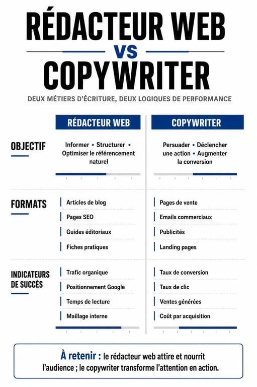 Infographie comparative des différences entre le métier de copywriter et de rédacteur web pour comprendre leurs rôles respectifs.