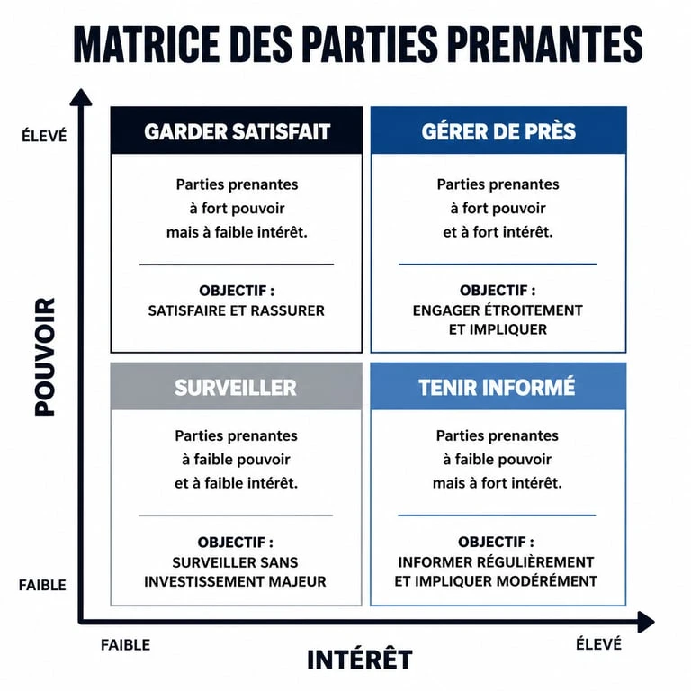 Matrice des parties prenantes illustrant les axes pouvoir et intérêt pour la gestion de projet