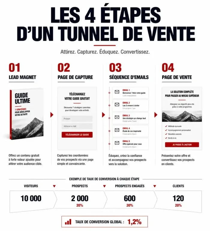 Schéma des 4 étapes pour créer un tunnel de vente gratuit efficace