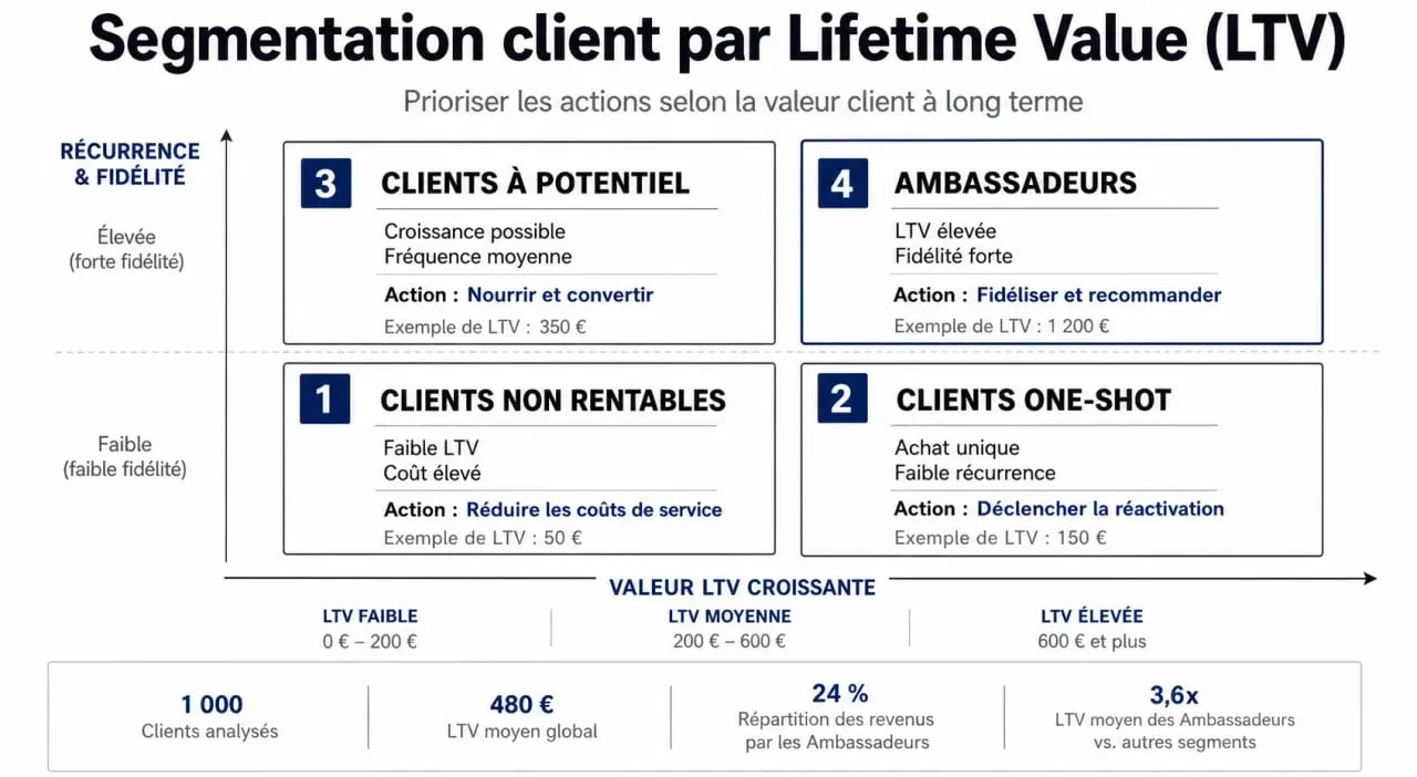 Infographie sur la segmentation client et la Lifetime Value (LTV) marketing
