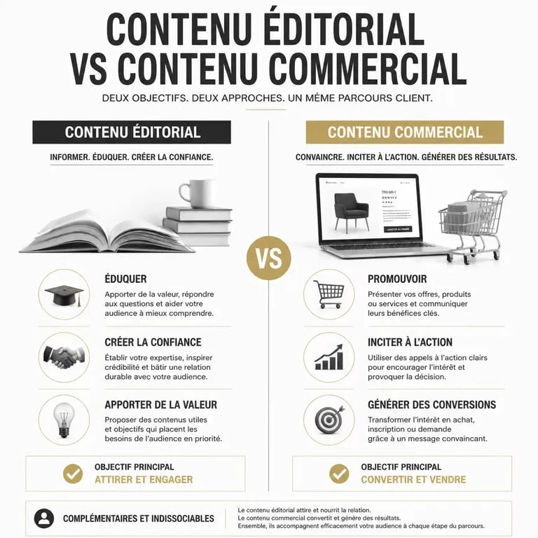 Infographie comparative entre contenu éditorial et contenu commercial pour une stratégie de contenus éditoriaux efficace