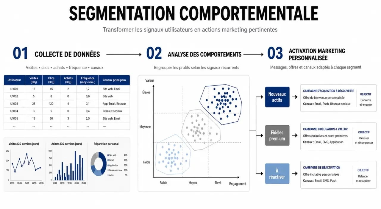 Schéma du processus de segmentation comportementale : collecte, analyse et activation marketing