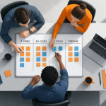 Equipe Scrum travaillant autour d’un tableau blanc